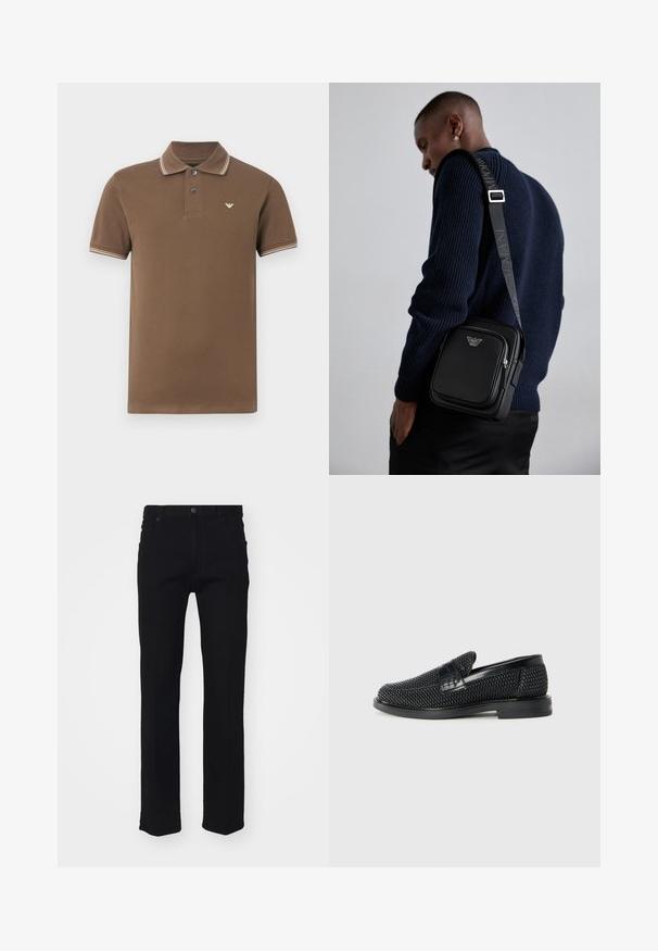 Emporio Armani Πόλο - chocolate chip; Μαύρα τζιν παντελόνια με ίσια γραμμή, πέντε τσέπες, μπροστινό κλείσιμο με κουμπί και διακριτές ραφές. Λείος υφασμάτινος σχεδιασμός.; Μαύρο πλεκτό παπούτσι slip-on με λείο δερμάτινο στοιχείο στο άνω μέρος, στρογγυλή μύτη και χαμηλό καουτσούκ πάτο.; Μαύρη δερμάτινη τσάντα χιαστί με χώρο με φερμουάρ, λεπτομέρεια λογότυπου και ρυθμιζόμενη λωρίδα με επωνυμία. Φοριέται πάνω από ένα υφασμάτινο ναυτικό πουλόβερ.