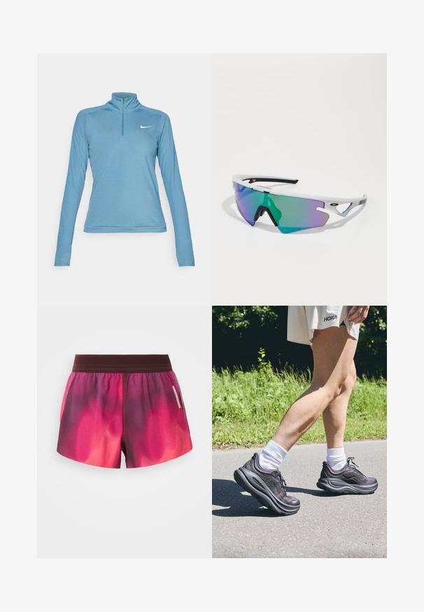 Šviesiai mėlynas ilgomis rankovėmis sportinis marškinėlis su aukštu apykakle ir ketvirtiniu užtrauktuku. Yra mažas baltas logotipas kairėje krūtinės pusėje.; Rožinės ir violetinės gradientinės sportinės šortai su elastine juosta, lygiu paviršiumi ir etikete šone. Šortai turi laisvą siluetą.; Juodi sportiniai batai su tekstūruota medžiaga, storais paminkštintais padais ir raišteliais, derinami su baltais kojinaitėmis ir šviesiai kreminiais drabužiais.; Sportiniai akiniai su balta rėmeliu, dideliais žaliais ir violetiniais gradientiniais objektyvais, kampuota forma, ir juodais akcentais ant kojelių ir nosies dalies.