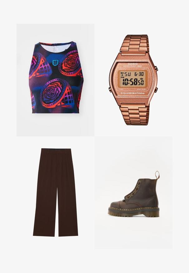 Ärmlös croptop i stretchigt svart tyg med ett mångfärgat blommönster med rosor och geometriska former samt en liten logotyp.; Bruna vida byxor med veck. Tillverkade av ett mjukt tyg, med skräddarsydd midja och sidofickor. Slät fåll längst ner.; Brun läderankelboot med rund tå, kontrasterande gul söm, dekorativa metallhål och en räfflad gummisula.; Digital Casio-klocka med armband i roséguld, rektangulärt hölje, belyst display och vattentålighet, som visar tid och datum.