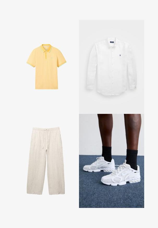 Sárga pólóing texturált anyagból. Gallérral, háromgombos sliccel és ellentétes menta zöld díszítéssel a ujjakon rendelkezik.; Fehér, hosszú ujjú pamut ing, gombos gallérral, bal mellen egy kis tengerészkék logóval és klasszikus gombos záródással.; Világos bézs színű vászonnadrág, rugalmas derékkal, húzózsinórral, széles lábszárral és oldalsó zsebekkel. Simás textúra.; Fehér sportcipők hálós felsőrésszel, textúrázott díszítésekkel és párnázott talppal. Párban fekete bordázott bokazoknival egy kék szőnyeggel borított felületen.