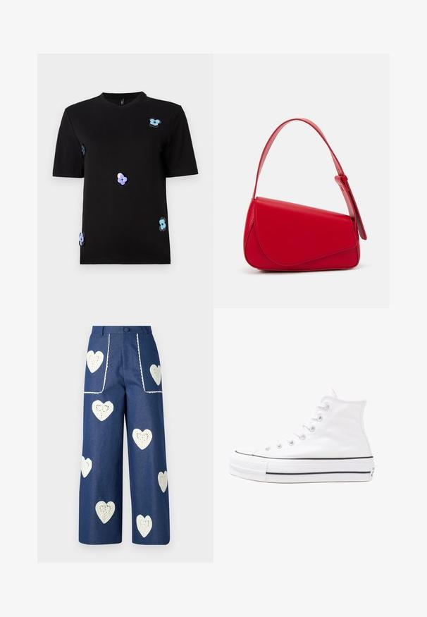 Camiseta negra de algodón, con mangas cortas y escote redondo. Acentuada con aplicaciones de flores multicolores.; Sister Jane HEART TO HEART - Vaqueros rectos - blue denim; Zapatilla de lona alta blanca con suela de goma negra, puntera de goma frontal y seis ojetes para los cordones, que presenta un diseño limpio y minimalista.; Bolso de cuero rojo con un diseño angular y geométrico. Cuenta con una única correa ajustable y un cierre de solapa con detalles de costura.