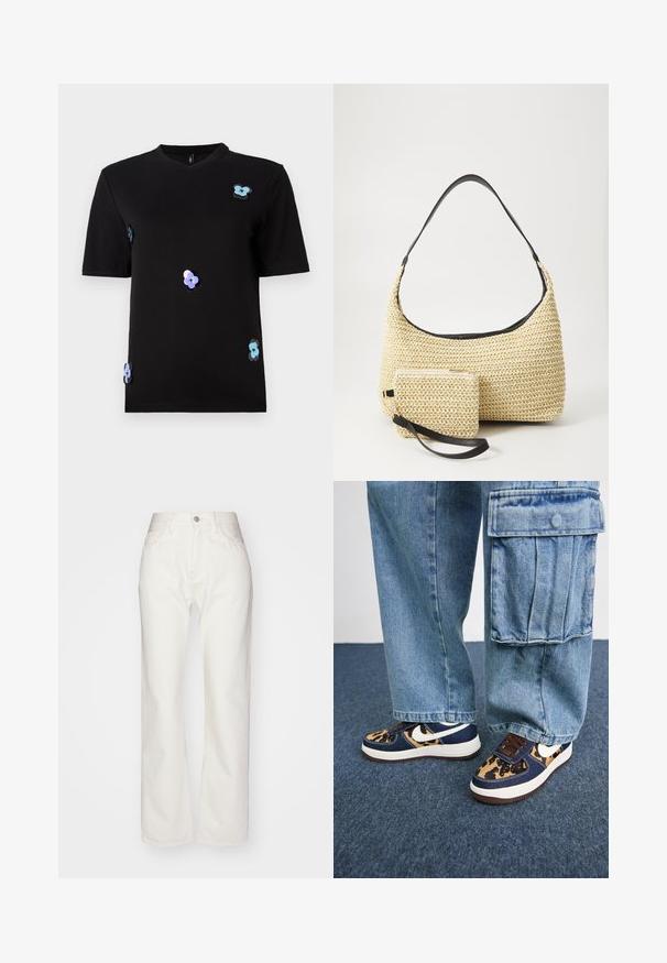 Juodas medvilninis marškinėlis trumpomis rankovėmis ir apvalia iškirpte. Papuoštas daugiaspalviais gėlių aplikacijomis.; Balti džinsai su aukštu liemeniu ir plačiomis kojomis. Turi mygtuko ir užtrauktuko uždarymą, diržo kilpeles ir subtilius siuvinėjimo akcentus.; Tamsiai mėlyni sportbačiai su leopardų rašto akcentais, balta Nike Swoosh, rudomis raištelėmis ir balta vidurine dalimi. Sujungta su šviesiais džinsiniais kargo kelnėmis.; Austo pynimo šiaudinio rankinio krepšio su kreiviu siluetu, su glotnia juoda odine rankena ir atitinkamu mažu maišeliu, pritvirtintu prie riešo juostos.