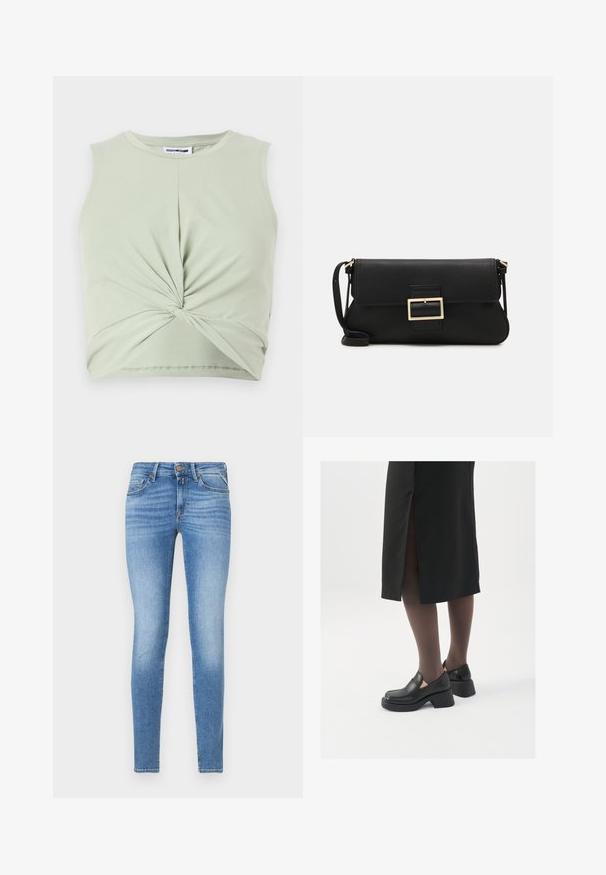 Svetlozelený bezrukávový top vyrobený z mäkkého materiálu, s prekrúteným predným detailom a priliehavým strihom. Hladká textúra, zaoblený výstrih.; Úzke modré denimové džínsy s mierne zvýšeným pásom, predným gombíkom a dizajnom s piatimi vreckami.; Čierne kožené topánky s okrúhlou špičkou, silným blokovým opätkom a elastickými bočnými akcentmi, skombinované s tmavými pančuchami a čiernou sukňou so štiepením.; Čierna kožená clutch taška s klopou a zlatým kovovým detailom s prackou. Obsahuje čierny remienok a elegantný, minimalistický dizajn.; Zlaté kruhové náušnice s hladkým, lesklým povrchom. Cirkulárny dizajn s malým steblom a jasným záznamom pre bezpečné nosenie.
