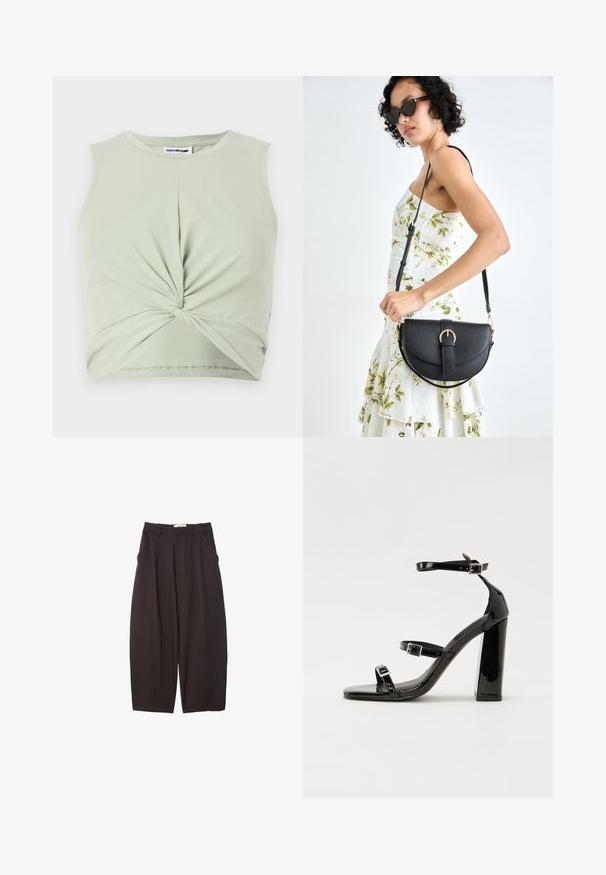 Svijetlozelena majica bez rukava izrađena od mekanog materijala, s detaljem u obliku uvijanja sprijeda i prilagođenim dizajnom. Glatka tekstura, okrugli izrez.; Crne široke hlače napravljene od glatke tkanine, s visokim strukom, prednjim nabranjima i bočnim džepovima. Jednostavan dizajn bez ukrasa.; Crne lakirane sandale na visoku petu s dva remena s kopčama, kvadratnim vrhom i masivnom blok petom, s glatkom, sjajnom teksturom.; Crna kožna torba s lukovitim oblikom, odvojivim remenom i zlatnim detaljima. Torba ima preklop s kopčom.