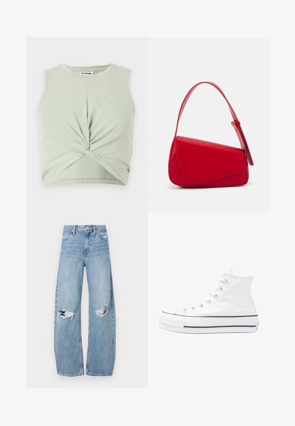 Top sem mangas verde claro feito de material suave, com detalhe frontal torcido e um design ajustado. Textura lisa, decote arredondado.; Jeans de lavagem clara, de cintura alta, feitos de denim. Apresentam pernas largas, duas áreas rasgadas nos joelhos e o estilo clássico de cinco bolsos.; Sapatilha alta de tela branca com sola de borracha preta, bico de borracha na frente e seis ilhós para os atacadores, apresentando um design limpo e minimalista.; Bolsa de mão em couro vermelho com um design angular e geométrico. Apresenta uma única alça ajustável e um fecho com aba, com detalhes cosidos.