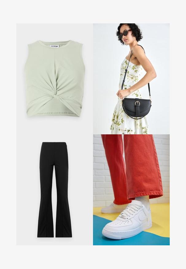 Top sem mangas verde claro feito de material suave, com detalhe frontal torcido e um design ajustado. Textura lisa, decote arredondado.; Calças pretas largas feitas de tecido elástico, com uma textura suave, ajuste feito à medida e um design de bainha dividida.; Sapatilha de couro branca com biqueira perfurada, sola texturizada e atacadores brancos, combinada com calças largas vermelhas e um fundo azul e amarelo.; Bolsa de couro preta com forma curva, alça destacável e detalhes em dourado. A bolsa possui uma aba com detalhe de fivela.