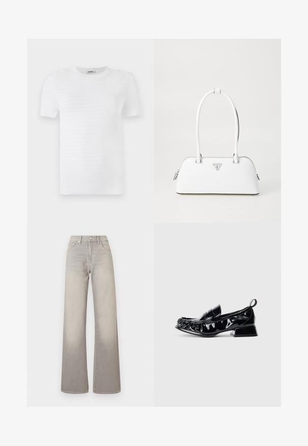 Weißes Kurzarm-T-Shirt aus strukturiertem Stoff mit einem gerippten Muster. Das Design verfügt über einen runden Ausschnitt und einen geraden Schnitt.; Graue weit geschnittene Jeans mit einem verblassten Finish, Knopfverschluss, fünf Taschen und gestickten Details entlang der Nähte.; Schwarze Lackleder-Pantoletten mit quadratförmiger Spitze, gerafftem Detail, niedrigem Blockabsatz und Zugschlaufe hinten auf einem weißen Hintergrund.; Weiße Lederhandtasche mit geschwungener Form, versehen mit einem silbernen dreieckigen Logo und einem Reißverschluss. Glatte Textur und zwei Griffe.