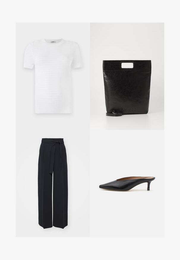 Witte short-sleeve t-shirt gemaakt van gestructureerde stof met een geribd patroon. Het ontwerp heeft een ronde halslijn en een rechte pasvorm.; Zwarte wijde broek van zachte stof. Voorzien van een ceintuur en plooien aan de voorkant. Glad textuur met een strakke, hedendaagse stijl.; Zwarte leren muiltjes met een puntige neus en een lage, blokhak. Glad oppervlak met een gestroomlijnd ontwerp. Open achterkant met minimale details.; Zwarte leren draagtas met een vierkant handvat, met een gestructureerde afwerking en een reliëflogo. Inclusief een afneembare schouderband.