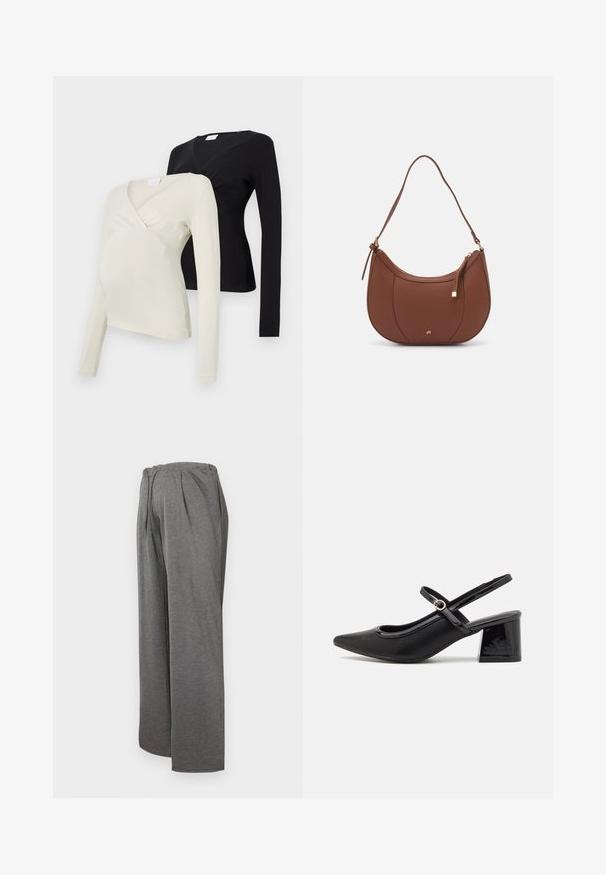 Two long-sleeved maternity tops: one in light cream, the other in black. Both feature a wrap design and soft fabric texture.; Gray wide-leg trousers made from soft, lightweight fabric. Features an elastic waistband and front pleats, providing a comfortable fit.; Black patent leather slingback heels with a pointed toe, a rounded cutout design, and a block heel. Features a gold-tone buckle accent.; Brown faux leather shoulder bag with curved shape, minimal stitching, and a gold-tone hardware accent. Features a top zipper closure and adjustable strap.