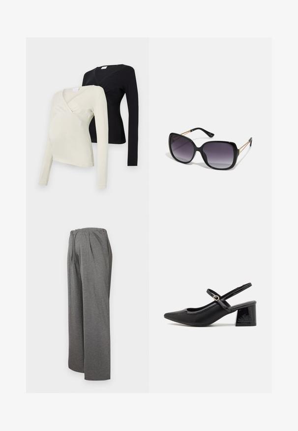 Twee langarm zwangerschapsblouses: één in lichtcrème, de andere in zwart. Beide hebben een wikkeldesign en een zachte stoftextuur.; Grijze wijde broek gemaakt van zachte, lichtgewicht stof. Kenmerkt zich door een elastische tailleband en plooien aan de voorkant, wat zorgt voor een comfortabele pasvorm.; Zwarte gepolijste leren slingback hakken met een spitse neus, een ronde uitsnede en een blokhak. Voorzien van een gouden gespaccent.; Zwarte oversized zonnebril met gradient glazen, dikke montuur en gouden kettingdetails op de pootjes.