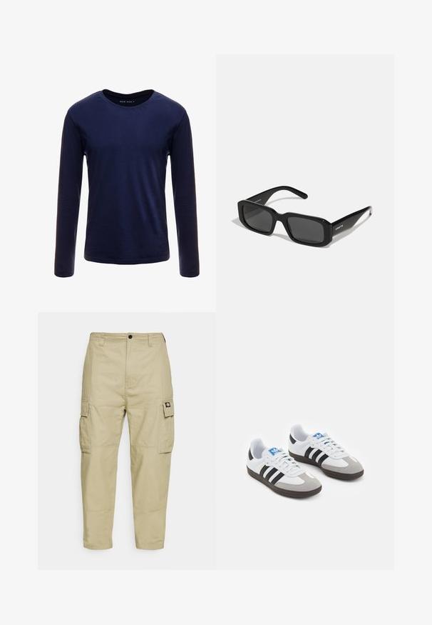 Ναυτικό μπλουζάκι με μακριά μανίκια κατασκευασμένο από μαλακό βαμβάκι, με κλασικό λαιμόκοψη και απλή επιφάνεια χωρίς ορατά μοτίβα ή λεπτομέρειες.; Μπεζ παντελόνια cargo φτιαγμένα από ανθεκτικό ύφασμα, με δύο πλευρικές τσέπες, κλείσιμο με κουμπί και κ tapered πόδια με ομαλή υφή.; Αθλητικά παπούτσια με άσπρη δερμάτινη πάνω επιφάνεια, γκρι σουέτ μύτη και τρεις μαύρες ρίγες. Διαθέτουν μπλε λογότυπο στη γλώσσα και υφασμένο καουτσούκ σόλα.; Arnette THEKIDD UNISEX - Γυαλιά ηλίου - black