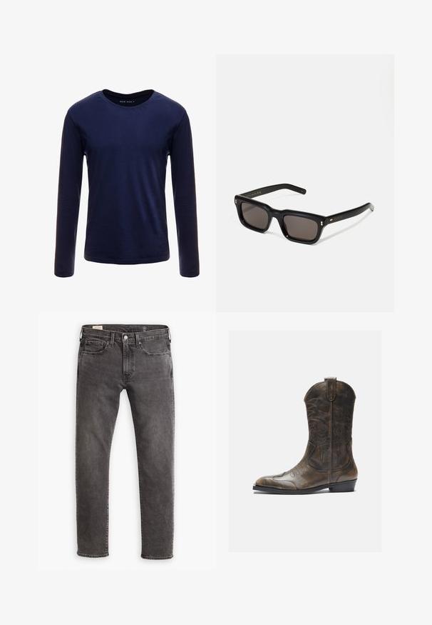 Navyblaues Langarm-T-Shirt aus weicher Baumwolle, mit klassischem Rundhalsausschnitt und einer glatten Textur ohne sichtbare Muster oder Akzente.; Graue Jeans aus Denim mit geradem Schnitt, fünf Taschen-Design und Knopfleiste. Besitzt dezente Ausbleichungen und tonal abgestimmte Nähte.; Braune Leder-Cowboystiefel mit hohem Schaft, spitzem Zehenbereich, aufwendigen Stickmustern und kleinem Absatz. Strukturierte Oberflächenbeschaffenheit.; Schwarze rechteckige Sonnenbrille mit dunklen Gläsern, dickem Kunststoffrahmen, goldenen Akzenten an den Bügeln und eingraviertem Markenlogo am Arm.