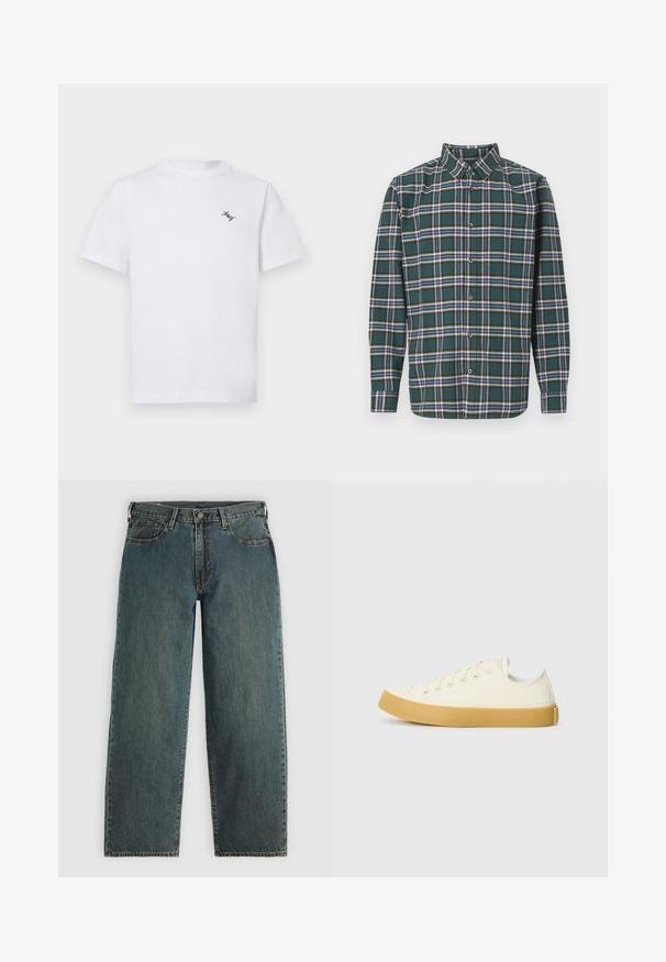 T-shirt de algodão branco com decote em crew e mangas curtas. Inclui um pequeno logótipo preto bordado no lado esquerdo do peito.; Camisa de flanela verde com um padrão de xadrez apresentando linhas azuis, brancas e mostarda. Frente com botões e colarinho pontudo. Mangas compridas.; Jeans de denim de perna reta em azul escuro com fecho de botão e ziper, bolsos frontais e passadores de cinto em um fundo cinza claro.; Sapatilhas de tela em off-white com biqueira redonda, apresentando solas de borracha bege e cinco ilhós para atacadores, acabamento texturizado na parte superior.