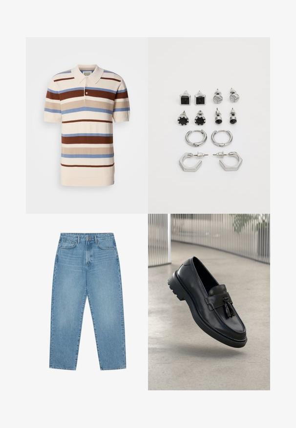 Polohemd mit horizontalen Streifen in Braun, Beige und Blau auf einem cremefarbenen Hintergrund. Kurze Ärmel und Kragen. Strukturiertes Gewebe.; Hellblaue Jeans aus Denim mit geradem Bein, Fünf-Taschen-Design und leicht verwaschener Textur. Mit Knopf- und Reißverschluss ausgestattet.; Schwarze Leder-Loafer mit glatter Oberfläche, dekorativem Quasten, dicker Gummisohle und abgesteppten Akzenten. Leichtes und schlankes Design.; Silberfarbene Ohrring-Set, bestehend aus zwei Paar Ohrhänge und sechs Paar Ohrstecker in verschiedenen Formen und Texturen, einschließlich schwarzer Akzente.