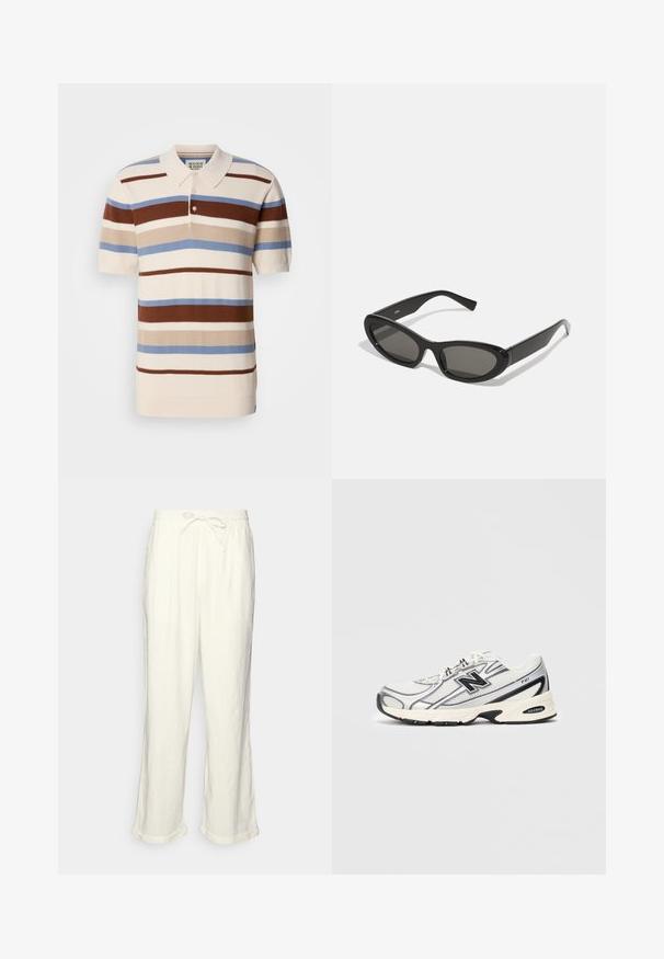 Polo in cotone con strisce orizzontali marroni, beige e blu su sfondo crema. Maniche corte e colletto. Tessuto strutturato.; Pantaloni in lino di colore bianco sporco con vita regolabile, gamba leggermente ampia e orli arrotolati per un fit rilassato. Senza tasche.; Sneaker atletico bianco e grigio con logo "N" nero, tomaia in rete, suola ammortizzata e design con lacci, mostrato su uno sfondo grigio chiaro uniforme.; Occhiali da sole neri con lenti ovali, montatura in plastica elegante e tempie curve. Le lenti sono di un grigio scuro, offrendo un design geometrico moderno.