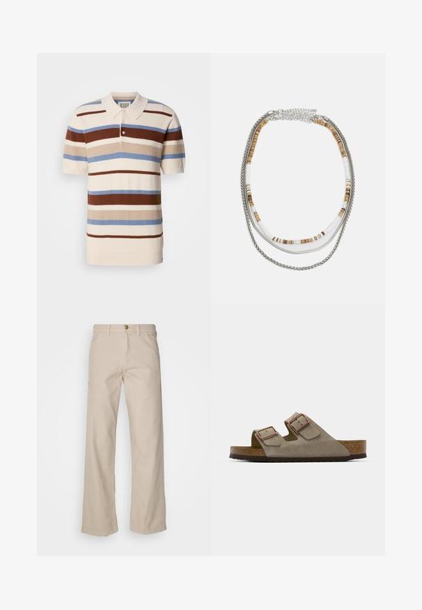 Polo majica sa horizontalnim prugama u smeđoj, bež i plavoj boji na krem upozoravanju. Kratki rukavi i ovratnik. Tekstilirani materijal.; Bež pamukne hlače širokih nogavica s pet džepova, zatvaranjem na gumb i petljama za pojas; glatka tekstura s ravnim krojem i rubom.; Suede klompe u svijetlosivoj boji s dvije podesive kopče, kork srednjim slojem i teksturiranim gumenenim potplatima.; Višeslojni ogrlica koja sadrži metalne srebrne lance i perle u bijelim i smešnim nijansama, prikazujući različite teksture i oblike.