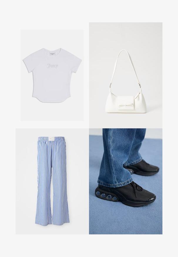 Balta īsām piedurknēm T-kreklu ar noapaļotu apakšmalu, uz kura priekšpuses ir uzraksts "Juicy" ar kristāla apdari. Mīksts kokvilnas materiāls.; Zili un balti svītrainie bikses ar brīvu piegriezumu, izgatavoti no viegla auduma, ar elastīgu jostasvietu un diskrētu logotipa uzlīmi.; Melnas sporta kedas ar sietu augšdaļu, teksturētām akcentiem un redzamajām gaisa amortizācijas podiem zolei. Valkātas ar zilu džinsu biksēm.; Balta sintētiska soma ar trīsstūrveida formu, plakanu priekšējo vāciņu un loku detaļu, regulējamu siksnu, gludu tekstūru un minimālistisku dizainu.
