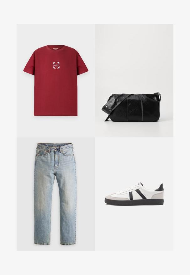 Bordo bombažna majica s kratkimi rokavi, ki vsebuje bel grafični krog s besedo "ORIGINALS" in akcenti listov spredaj.; Svetlo modri džins hlače z visokim pasom, sprednjim gumbom, zadrgo in petimi žepi, laid flat na nevtralni podlagi.; Bela športna obutev z črnimi in sivo akcenti, z teksturirano sivo kapico za prste, črnim gumijastim podplatom in ravnimi belimi vezalkami. Čista zasnova, minimalistični slog.; Črna usnjena torba za ramo z zadrgo, ki ima teksturirano telo, belo šivanje in trak s srebrnimi luknjami.