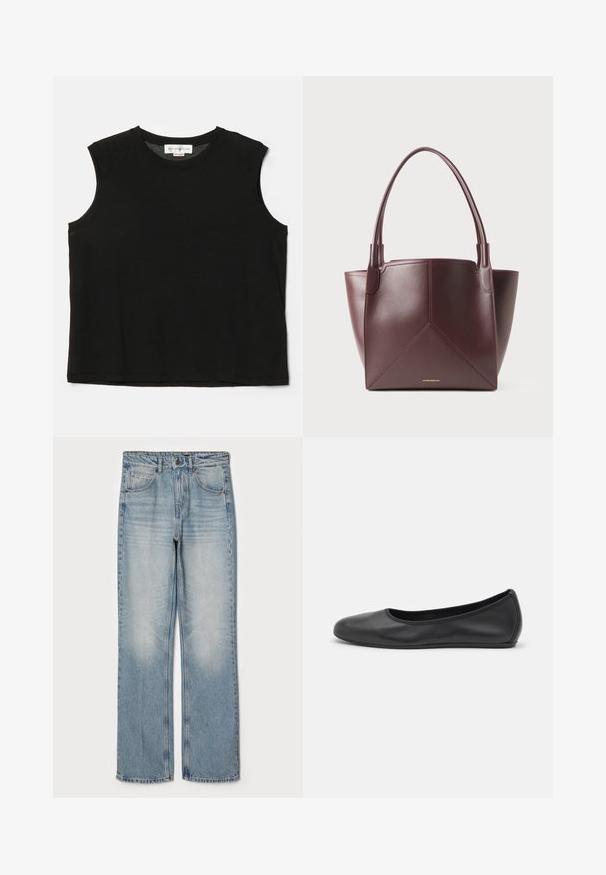 Victoria Beckham MUSCLE TANK - Top - black; Jeans in denim blu chiaro con vestibilità dritta, caratterizzati da una vita alta, design a cinque tasche e un leggero sbiadimento sulle cosce e sulle ginocchia.; Pantofole da balletto nere in pelle con punta arrotondata, texture liscia, dettagli di cucitura minimi e design con suola flessibile.; Borsa tote in pelle marrone scuro con due manici e cuciture a pannelli geometrici, con testo del marchio in piccolo oro vicino al centro inferiore.