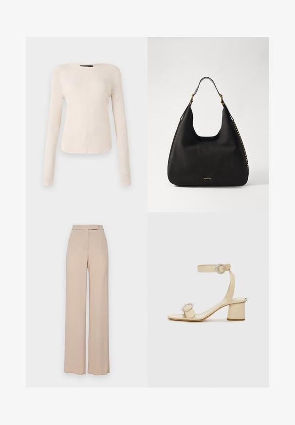 Pikkade varrukatega helesinine topp ümmarguse kaelusega. Valmistatud pehmest kangast, sisaldab keskset õmblust ja kergelt kaardus serva. Ei ole nähtavat riistvara.; Bežid laiad püksid, mis on valmistatud kergest kangast. Omavad sileda tekstuuri, eesmist taskut ning diskreetset vöökoha disaini.; Beežid kontsad ja ruudukujulise toe, reguleeritava sääre rihma ja kahe ümarate kinnitustega. Sile nahk ja plokknakke.; MICHAEL Michael Kors NOLITA HOBO  - Käekott - black