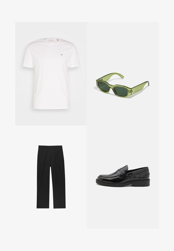 Vit bomullströja med rund halsringning, korta ärmar och en liten broderad logotyp på bröstet. Mjuk textur, enkelt design.; Svarta byxor med rak ben-design, tillverkade av ett jämnt tyg. Har framfickor och en enkel knapplåsning i midjan.; Svarta läder loafers med en slät yta, rund tå, låg klack och dekorativ sömnad längs framkant. Gummisula för bra grepp.; Gröna genomskinliga solglasögon med rektangulär båge, mörkgröna linser och en logotypdetalj på sidan. Slät yta och modern design.; Silver metall klocka med en borstad blå urtavla, vita timmarkörer och en datumvisning. Har ett länkande metallarmband och varumärkeslogotyp.