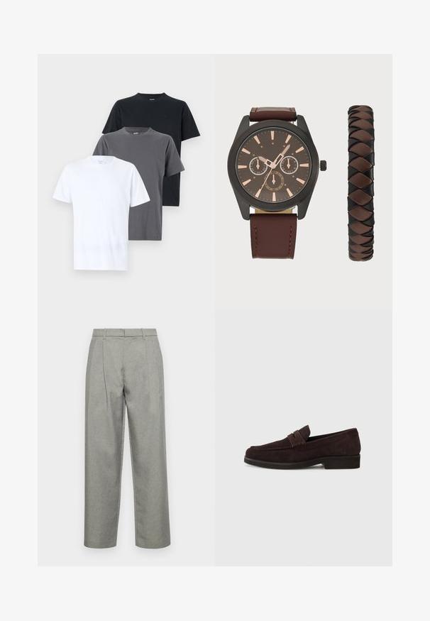 Drie T-shirts met korte mouwen, verticaal gerangschikt: wit, grijs en zwart. Elk heeft een ronde halslijn en een gladde katoentextuur.; Grijze op maat gemaakte broeken van gestructureerde stof, met een klassieke rechte pijpdesign, voorplooien en een standaard tailleband met riemlussen.; Bruine suède loafers met een lage profiel en ronde neus. Heeft een decoratieve band over de bovenkant, een platte rubberen zool en geen zichtbare stiksels.; Pier One SET - Horloge - black/brown