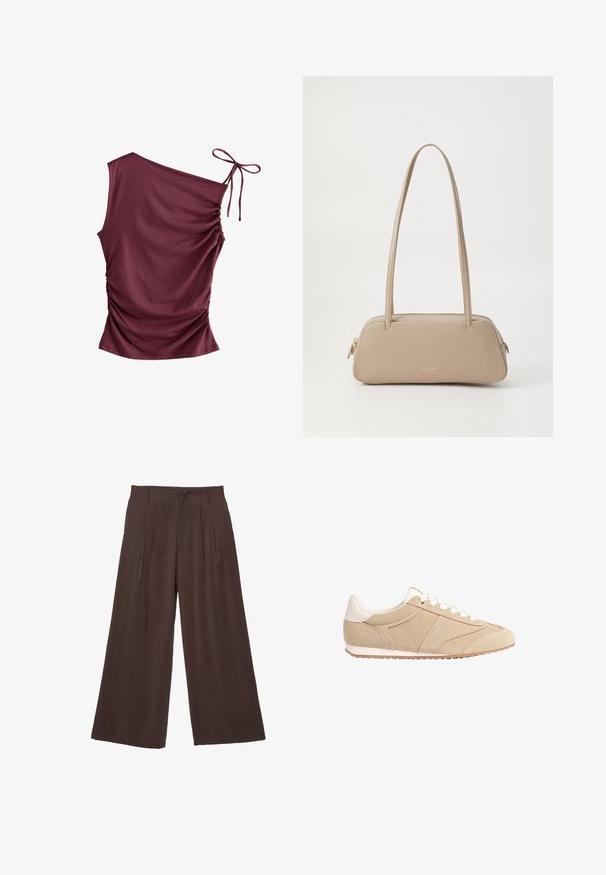 Next SOFT TOUCH RUCHED SLEEVELESS - Top - burgundy red; Hlače širokih nogavic v temno rjavi tkanini, z dvema sprednjima ploščama, gladko teksturo in preprosto zasnovo z zankami za pas.; Stradivarius Športni copati - beige; Bežna usnjena torbica z gladko teksturo, pravokotno obliko, dvema ročkama in zlatim okovjem. Ima zadrgo na eni strani.