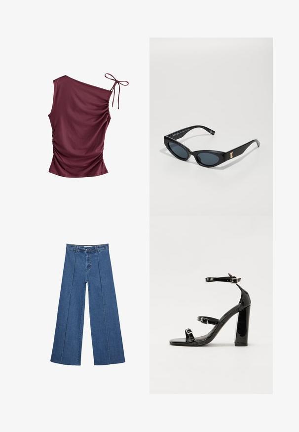 Next SOFT TOUCH RUCHED SLEEVELESS - Top - burgundy red; Široke traperice u srednje plavoj boji, s visokim strukom, zatvaranjem na dugme i kontrastnim vertikalnim šavovima duž prednje strane.; Crne lakirane sandale na pete sa kvadratnim nosom, trakama oko gležnja i srebrnim kopčama. Imaju čvrst blok petu za stabilnost.; Crne sunčane naočale s elegantnim, uglatim dizajnom. Imaju tamne leće, sjajnu površinu i zlatni detalj na sljepoočnici.; Crna kožna torba s lukovitim oblikom, odvojivim remenom i zlatnim detaljima. Torba ima preklop s kopčom.