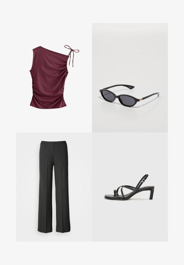 Next SOFT TOUCH RUCHED SLEEVELESS - Topp - burgundy red; Tumed hallid laiad püksid, valmistatud tekstureeritud kangast. Omavad vormitud vöökohta ja peent triibumustrit.; Mustast rihmajalatsid ruudukujulise varba ja madala ploki kontsaga. Omab mitmeid õhukesi rihmasid ja reguleeritavat pahkluu rihma. Valmistatud siledast nahast.; Mustad mustad prillid ovaalsete läätsedega, tumeda gradientvarjundiga ja õhukeste vartega, millel on peened kuldsed aktsendid. Sile plastikkate.; Mustgamma nahast kott, millel on sile tekstuur, struktureeritud kuju, kaks käepidet ja esiküljel silmapaistev hõbedane pandla detail.