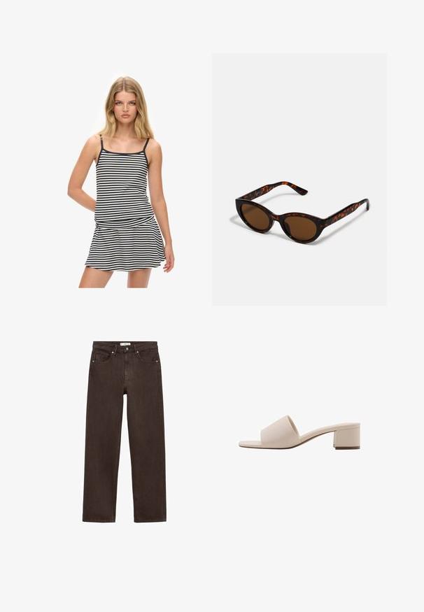 Striped tank dress in navy and cream, featuring thin straps and a flared skirt. Soft cotton material with a streamlined silhouette.; Brown wide-leg jeans made from denim, featuring a classic five-pocket design, button closure, and subtle stitching details.; Beige block-heeled sandal with a wide strap and open toe. Smooth material and sleek design. Short, sturdy heel for stability.; Brown tortoiseshell sunglasses with a vintage cat-eye shape and brown lenses. Features curved arms with red accents.; Brown suede tote bag with two long straps, drawstring closure, and minimalistic design. Smooth texture and no visible hardware accents.