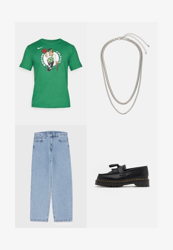 Green cotton t-shirt featuring a Boston Celtics logo with a leprechaun character holding a basketball, short sleeves, and crew neck design.; Light blue denim jeans with straight leg design, featuring a mid-rise waist, five pockets, and a button and zipper closure.; Black leather loafer with a tasseled accent, featuring a chunky black sole and yellow stitching along the edge. Textured finish.; Three-layered silver metal necklace featuring sleek, flexible chains with a slight sheen, secured with a lobster clasp and adjustable chain.
