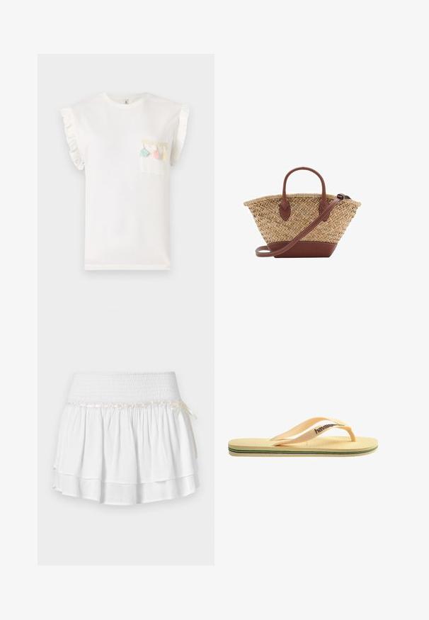 White cotton t-shirt with ruffled short sleeves, featuring a patch pocket decorated with pastel-colored tassels and a woven trim.; White tiered skirt with an elastic waistband, featuring a textured smocking detail and a decorative ribbon accent. Cotton fabric.; Yellow rubber flip-flop with textured footbed, thin straps, and multicolored stripes along the sole. Brand logo on the strap.; Woven straw basket bag with brown leather accents, two handles, and a detachable strap. Curved shape with a sturdy base.