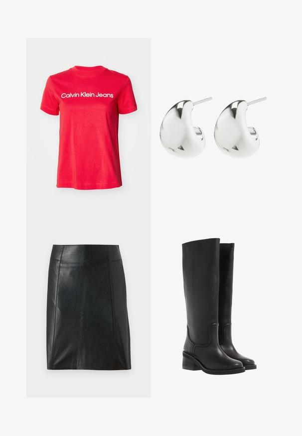 Crvena pamučna majica s kratkim rukavima i okruglim izrezom. "Calvin Klein Jeans" logo u bijeloj boji na prednjem dijelu. Jednostavan dizajn.; Crna kožna suknja s prilagođenim dizajnom. Glatka tekstura, šavovi koji oblikuju siluetu i ravni rub. Minimalistički i elegantan izgled.; Crne kožne čizme do koljena s glatkom teksturom, okruglim vrhom i debelim petama. Imaju suptilne šavove i elegantan dizajn.; Srebrne naušnice s glatkim, zakrivljenim dizajnom. Imaju polirani završetak i postavljen stražnji dio za sigurno nošenje.