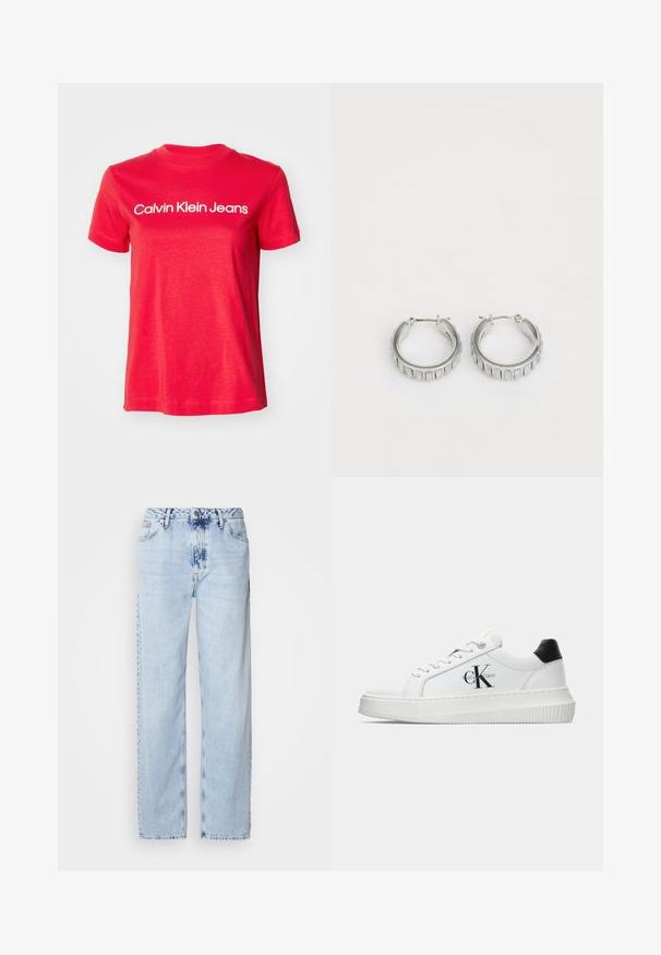 Raudona medvilninė marškinė, trumpomis rankovėmis ir apvaliu iškirpimu. Balta "Calvin Klein Jeans" logotipas per krūtinę. Paprastas dizainas.; Šviesiai mėlynos plačios kelnės, pagamintos iš džinsinio audinio, su aukšta juosmens linija, išblukusiu plovimu ir subtiliu tinių dažymu priekyje.; Balti žemakulniai bateliai su juodu kulno dangteliu, platformos padu, raišteliais ir Calvin Klein "CK" logotipu šone.; Sidabrinės auskarų žiedai su tekstūruotu dizainu, turinčiu vertikalias briaunas. Apskritimo forma su saugiu užraktu. Lygi apdaila.