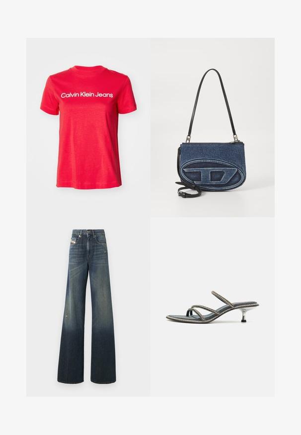 Crvena pamučna majica s kratkim rukavima i okruglim izrezom. "Calvin Klein Jeans" logo u bijeloj boji na prednjem dijelu. Jednostavan dizajn.; Traperice širokih nogavica u tamnoplavoj boji s izblijedjelim finishom, kojima je koljeno izrazito pohabano, a dolaze s klasičnim dizajnom od pet džepova i etiketom.; Denimske sandale s tri tanke trake ukrašene rhinestones, šiljastim vrhom i metalnim, stiletto petama. Osnova otporna na klizanje.; Torba od denima preko tijela s crnim kožnim remenom, ovalni logo na prednjoj strani i zatvaranje na zip na vrhu. Teksturirana površina.