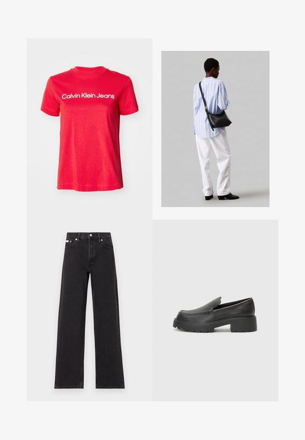 Červené bavlnené tričko s krátkymi rukávmi a okrúhlym výstrihom. Na hrudi biele logo "Calvin Klein Jeans". Jednoduchý dizajn.; Čierne široké džínsy vyrobené z denimu, s vysokým pásom, piatimi vreckami a kovovým zapínaním s kontrastným šitím.; Čierne kožené mokasíny s okrúhlou špičkou, hrubou textúrovanou podrážkou a minimom stehovej výzdoby. Štíhly dizajn bez viditeľných šnúr alebo kovania.; Čierna kožená ramenná taška so mäkkou textúrou, trojuholníkovým tvarom a nastaviteľným popruhom, skombinovaná s svetlomodrou pruhovanou košeľou a bielymi nohavicami.