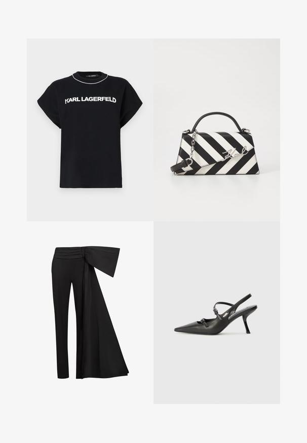 T-shirt de algodão preto com mangas curtas, apresentando um logo branco "KARL LAGERFELD" atravessando o peito e um decote redondo com um acabamento contrastante.; Calças pretas com um amplo detalhe drapeado na cintura. Tecido suave, corte de perna reta e cintura pregueada.; Sapatos de salto alto em couro preto, tipo slingback, com bico pontiagudo, salto esguio e detalhe decorativo em fivela no peito do pé. Textura suave e design elegante.; Bolsa de mão às riscas pretas e brancas com um formato estruturado, apresentando uma alça superior, uma alça de corrente destacável e um detalhe em logotipo metálico.
