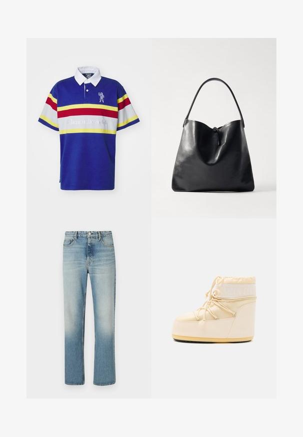 Billionaire Boys Club RUGBY - Polotričko - blue; Světle modré džíny rovného střihu z denimové látky s vybledlým vzhledem. Obsahují pět kapes, poutka na opasek a zip s knoflíkovým zapínáním.; Světle béžová Moon Boot s kulatou špičkou, stahováním na šňůrku a texturovanou gumovou podrážkou. Obsahuje bílé logo a hladké syntetické materiály.; Bonastre 10 RUE DU PERCHE S UNISEX - Velká kabelka - shiny black