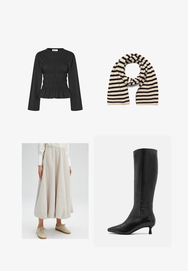 Modström LILLIEMD - Majica z dolgimi rokavi - black; Svetlo bež krilo do kolen, izdelano iz teksturirane tkanine, z elastičnim pasom, v kombinaciji s svetlobno rjavimi supergami za sproščen videz.; Zign Škornji - black; Kaffe NIA - Šal - sanddollar black stripe