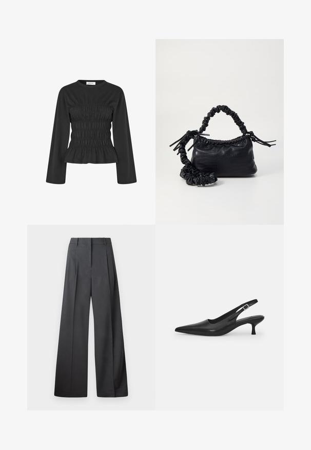 Modström LILLIEMD - Tops ar garām piedurknēm - black; Platās kājas bikses tumši pelēkā audumā, ar augstu jostasvietu, ar vienu uzpūstu vīli un gludu tekstūru ar tīru apdari ap malām.; Melnas ādas slīdošās kurpes ar norādītu pirkstu un šauru, izliekta papēdi. Ar diskrētu regulējamu siksniņu ar metāla sprādzi.; Melnā mākslīgās ādas rokassoma ar krokodila rakstu, savilkta augšdaļa un saburzīta siksna. Izskatās mīksta un kompakta pēc dizaina.