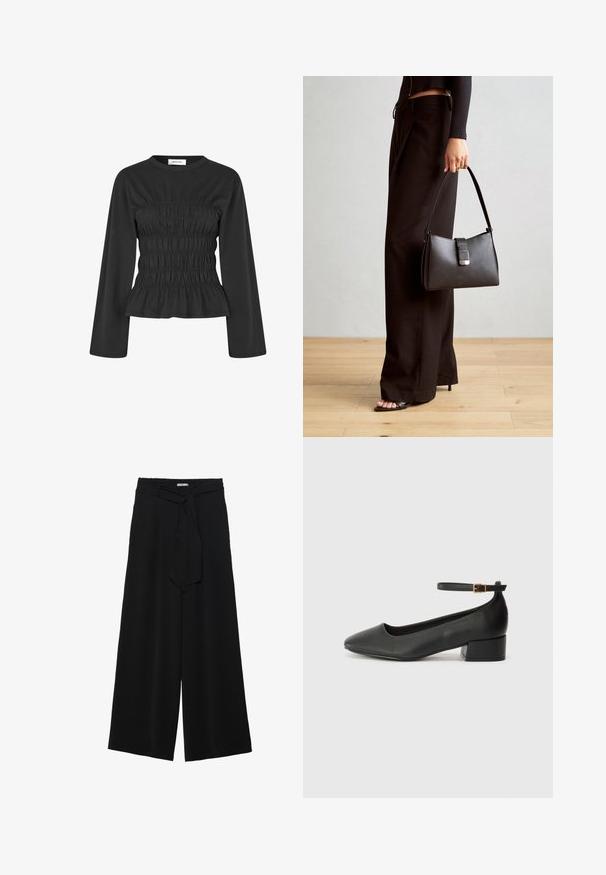 Modström LILLIEMD - Pikkade varrukatega topp - black; Mustad laiad püksid, millel on tekstureeritud kangas, elastne vöökoht ja eemaldatav pael vööst, et reguleerida sobivust.; Must mustaapp, millel on terav nina ja madal blokk-kand. Omab pahkluu rihma koos kuldse tooni pandlaga. Sile tekstuur.; Must musta kott, millel on struktureeritud kuju, sile tekstuur ja metallist klamber. Kombineeritud laiate mustade pükstega ja avatud varvaste sandaalidega puidust põrandal.