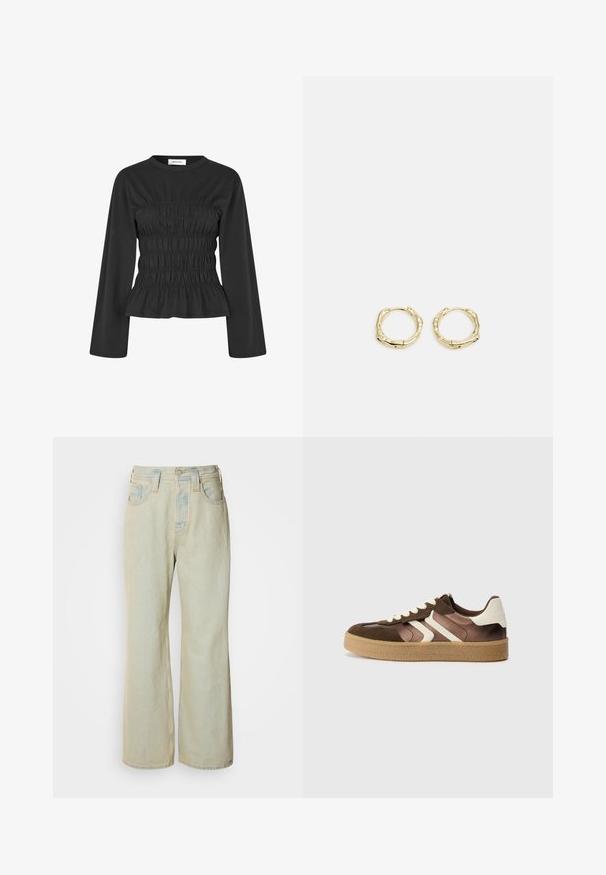 Modström LILLIEMD - Pitkähihainen paita - black; Vaaleansiniset leveät farkut, joissa on korkea vyötärö, viisi taskua ja hienovarainen haalistuminen kontrastivärisin tikkauksin.; Ruskeat ja kermaiset tennarit, joissa on mokkanahka- ja satiinimateriaaleja, kolmena vinona nauhana ja teksturoitu kumipohja.; Kultaiset renkaat, joissa on teksturoitu, epäsäännöllinen muoto. Varustettu saumattomalla suljinnalla ja kiillotetulla pinnalla, mikä korostaa modernia muotoilua.