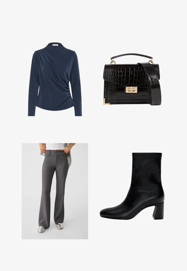 Marineblauwe lange mouwen top met een kraaghalslijn, voorzien van geraffineerde stof aan de voorkant en een gladde textuur overal.; Grijze flared broek van gestructureerde stof, met een dubbele knoopsluiting en riemlussen, gecombineerd met glanzende zilveren sneakers.; Zwarte enkellaars van soepel leer. Heeft een vierkante neus, een elastische bovenkant en een chunky hak voor stabiliteit. Minimalistisch ontwerp.; Zwarte patenten leren handtas met een krokodillenstructuur, gouden hardware, een bovenhandvat en een afneembare schouderband. Rechthoekige vorm met een klepafsluiting.