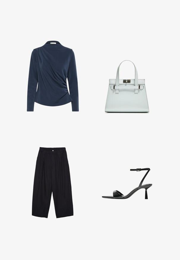 Maglia a maniche lunghe blu navy con colletto, caratterizzata da tessuto arricciato sul davanti e una texture liscia in tutto il capo.; Pantaloni culotte neri in poliestere con una cintura elastica, due pieghe frontali e una silhouette ampia. Nessun motivo visibile o dettagli in metallo.; Bershka Sandali con tacco - black; Borsa a mano azzurro chiaro con design strutturato, due manici e chiusura in metallo tono argento. Materiale testurizzato e angoli acuti.