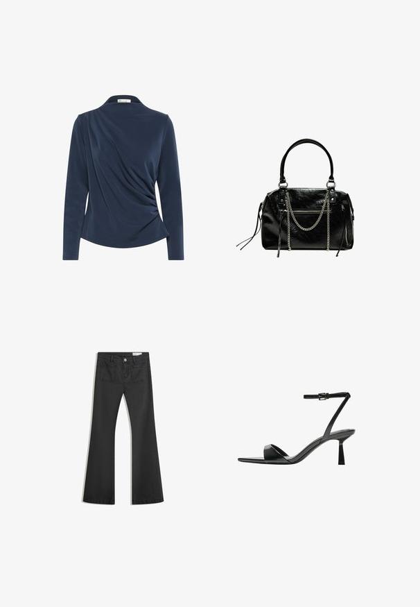 Navy long-sleeve top with a collared neckline, featuring gathered fabric on the front and smooth texture throughout.; Black flared jeans made of denim with a smooth texture, featuring two back pockets and a button closure at the waist.; Bershka High heeled sandals - black; Bershka WITH CHAIN - Handbag - black