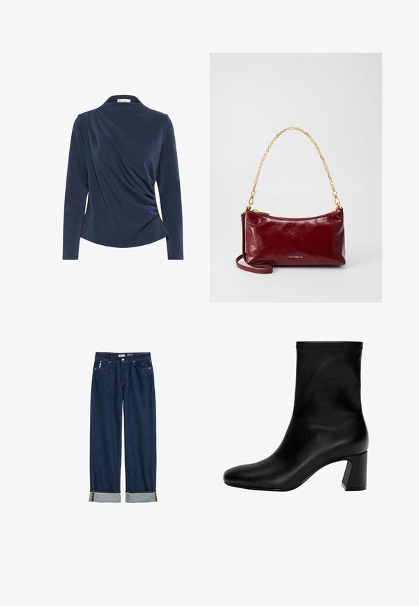 Marineblauwe lange mouwen top met een kraaghalslijn, voorzien van geraffineerde stof aan de voorkant en een gladde textuur overal.; Donkerblauwe denim jeans met een rechte pijp, opgerolde boorden, zichtbare stiksels en een klassieke vijf-vakkenstijl.; Zwarte enkellaars van soepel leer. Heeft een vierkante neus, een elastische bovenkant en een chunky hak voor stabiliteit. Minimalistisch ontwerp.; Bordeaux leren handtas met een gladde textuur, gouden kettingriem en een ritssluiting. Gegraveerd logo aan de voorkant. Compact ontwerp.