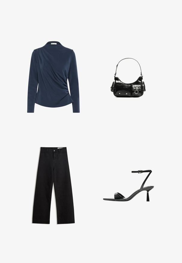 Navy long-sleeve top with a collared neckline, featuring gathered fabric on the front and smooth texture throughout.; Black wide-leg denim pants with a high waist, featuring front and back pockets, stitched seams, and a button closure. Smooth texture.; Bershka High heeled sandals - black; Black patent leather handbag with a curved shape, one shoulder strap, front pockets, and silver-tone hardware accents.