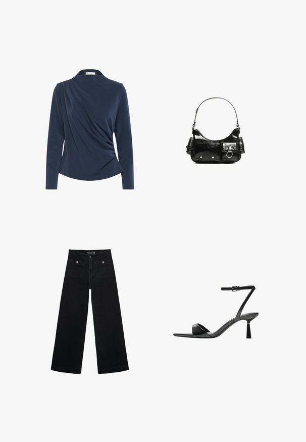 Námořnická modrá dlouhá tričko s límečkem, s nařasenou tkaninou vepředu a hladkým povrchem po celé délce.; Černé široké džíny s vysokým pasem, obsahující dvě přední kapsy a kovové knoflíkové detaily. Látka má hladkou texturu.; Bershka Sandály na vysokém podpatku - black; Černá lakovaná kožená kabelka s křivkovým tvarem, jedním ramenním popruhem, předními kapsami a stříbrnými kovovými detaily.