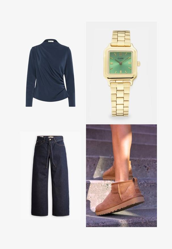 Tricou lung cu mânecă de culoare bleumarin, cu guler, având material plisat pe partea din față și o textură netedă pe toată suprafața.; Blugi din denim cu talie înaltă, de culoare albastru închis, cu picior larg, dotati cu şnur pentru ajustare, cinci buzunare şi detalii de cusătură în contrast.; Botine bej din suede cu o textură moale, detalii cusute și o talpă din cauciuc, având un călcâi cu buclă pentru o utilizare ușoară.; Ceas pătrat în tonuri aurii, cu un cadran verde în degrade, marcaje orare dreptunghiulare și o brățară legată. Numele brandului "CLUSE" este afisat.
