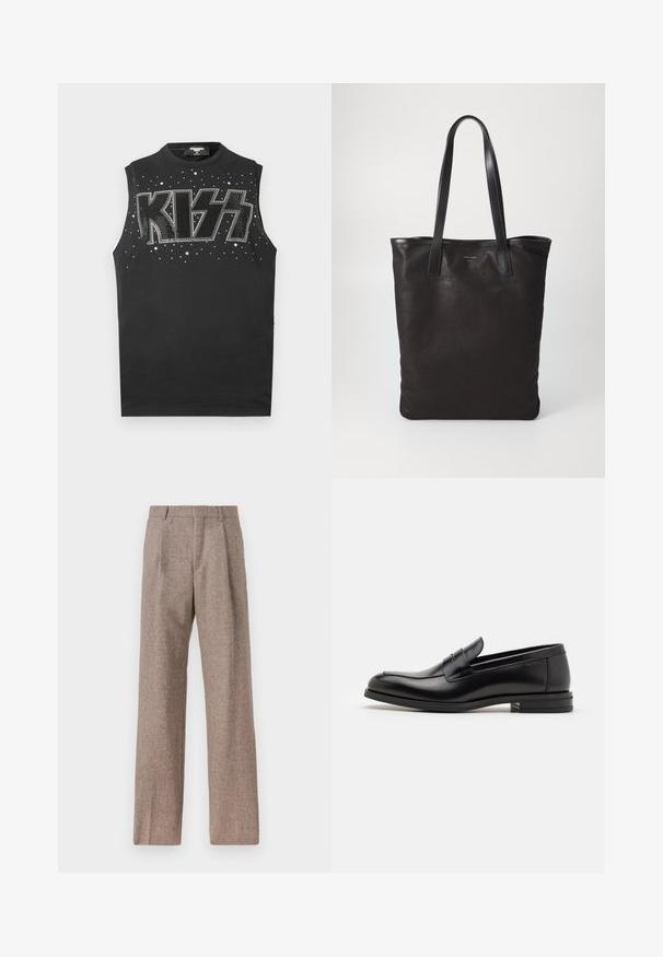 Mustast värvist varrukateta T-särk, millel on suur hõbedane litritega "KISS" logo, hajutatud litrid ja ümar kaelus. Valmistatud puuvillast.; Prunnid, kõrge vöökohaga püksid, mis on valmistatud tekstureeritud kangast. Omavad laiu jalgu ja kahte eesmist voldikut struktuuri jaoks. Korralik viimistlus, ilma nähtava riistvarata.; Mustad mustad nahast loafers sileda tekstuuriga, ümarat ninaosa ja dekoratiivne riba vampi üle. Madal kihiline konts, minimalistlik disain.; Mustmust kott mustade nahkade käepidemetega. Lihtne disain, avar keha ja sile tekstuur. Pole nähtavaid logosid ega mustreid.